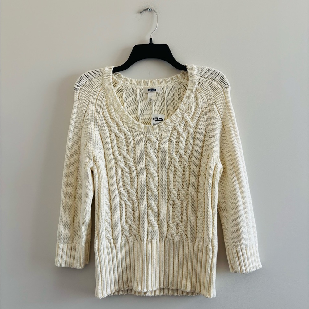 Y2K VTG Old Navy Sweater Ivory Cable Knit Pullover Cotton Womens L NWT Preppy